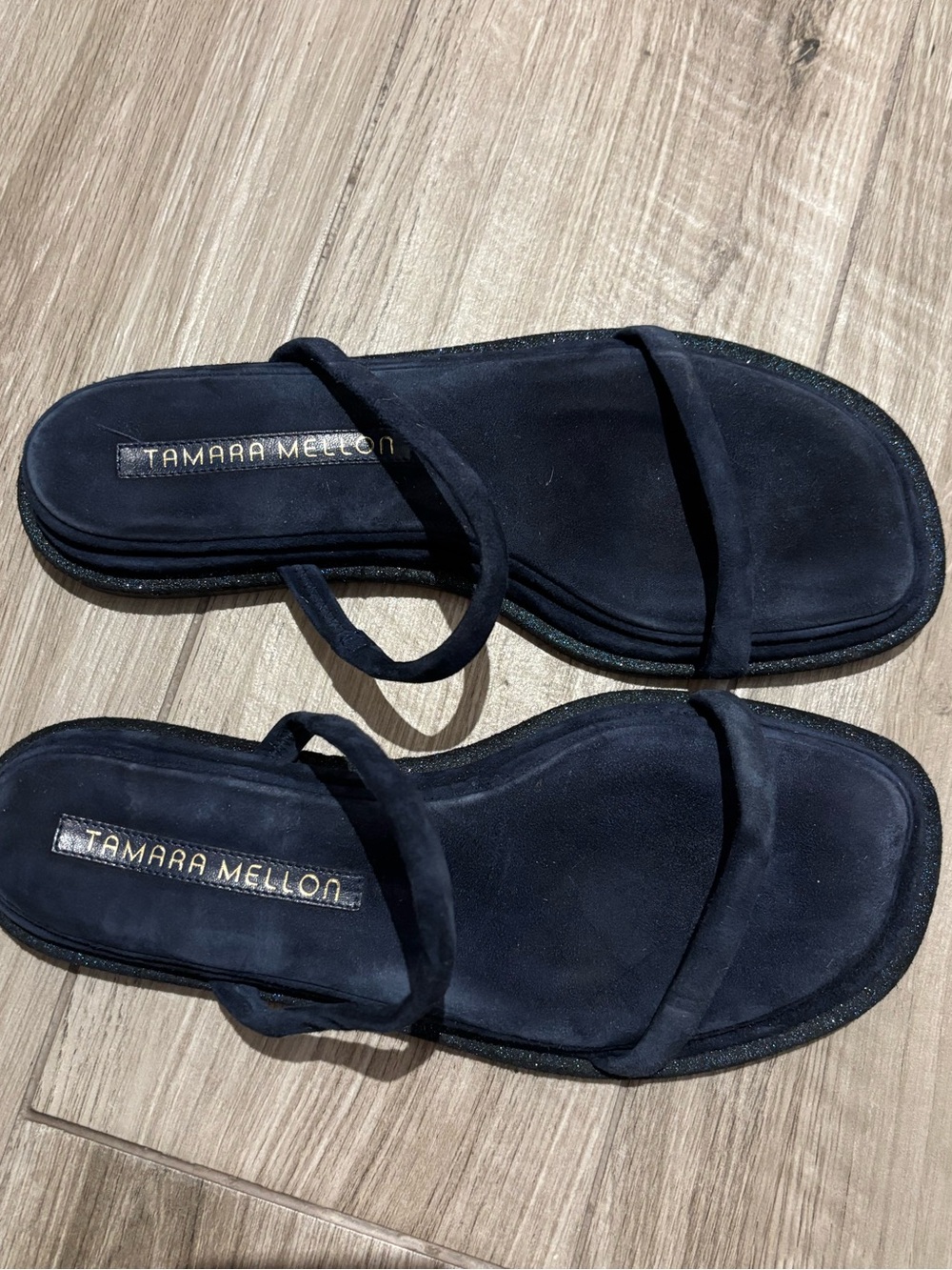 Tamara Mellon Black Suede Double-Strap Slide Sandals